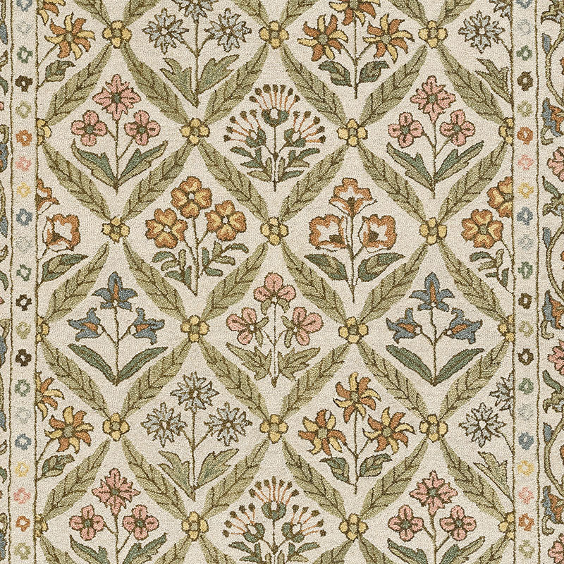Floral Border Hand Tufted Wool Rug -  Green Multi, 4' x 6'