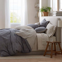 Tailored Stripes Premium Breathable Washed Linen Cotton Reversible Duvet Cover - Wide Stripe Deep Navy, King/Cal. King