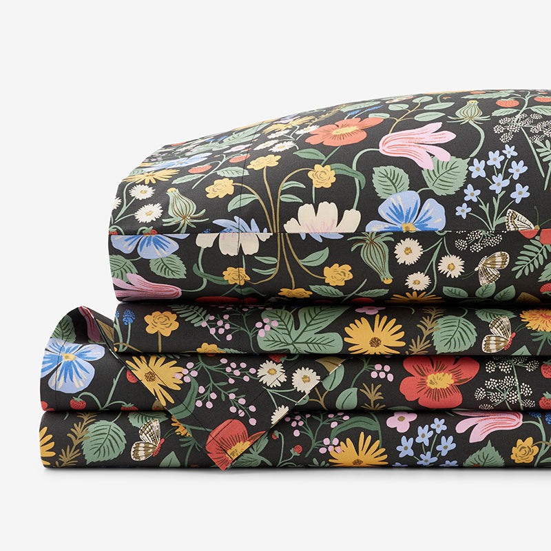 Strawberry Fields Classic Cool Cotton Percale Bed Sheet Set - Black Multi, Full
