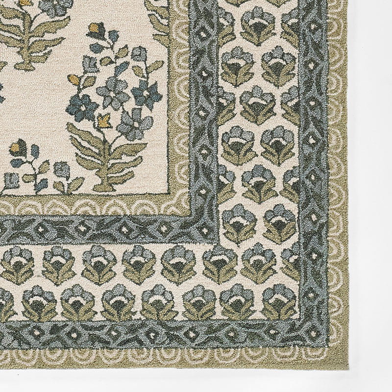 Floral Border Hand Tufted Wool Rug -  Green, 2' x 3'