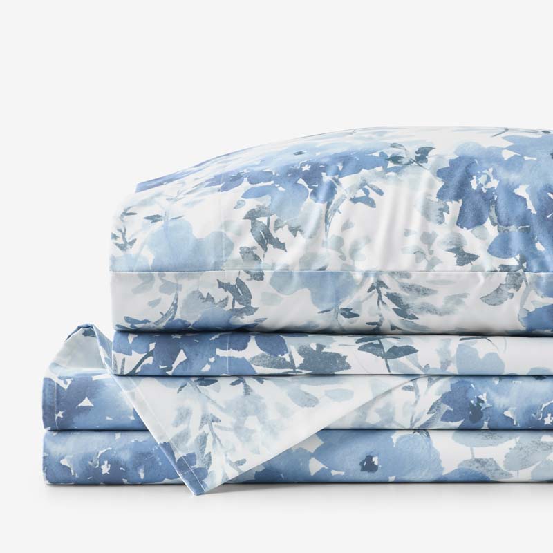 Floral Grove Premium Smooth Wrinkle-Free Sateen Bed Sheet Set - Dusty Blue, King