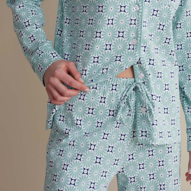 Printed Peruvian Cotton Women's Button-Down Pajama Set - Cool Daisy, M