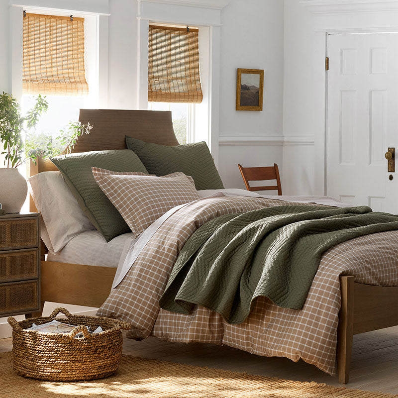 Classic Stripes and Plaids Cool Yarn-Dyed Cotton Percale Flat Bed Sheet - Windowpane Taupe, Full