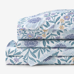 Tira Floral Classic Cool Cotton Percale Bed Sheet Set - Floral Blue, Full