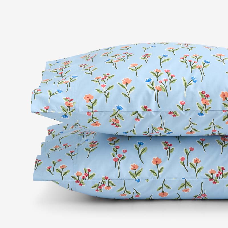 Blossoms and Stripes Classic Cool Cotton Percale Pillowcase Set - Garden Poppies, Standard