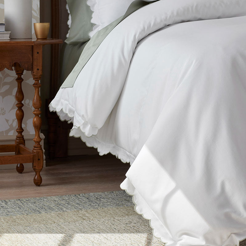 Embroidered Scallop Classic Smooth Sateen Solid Bed Sheet Set - Light Sage, Twin XL
