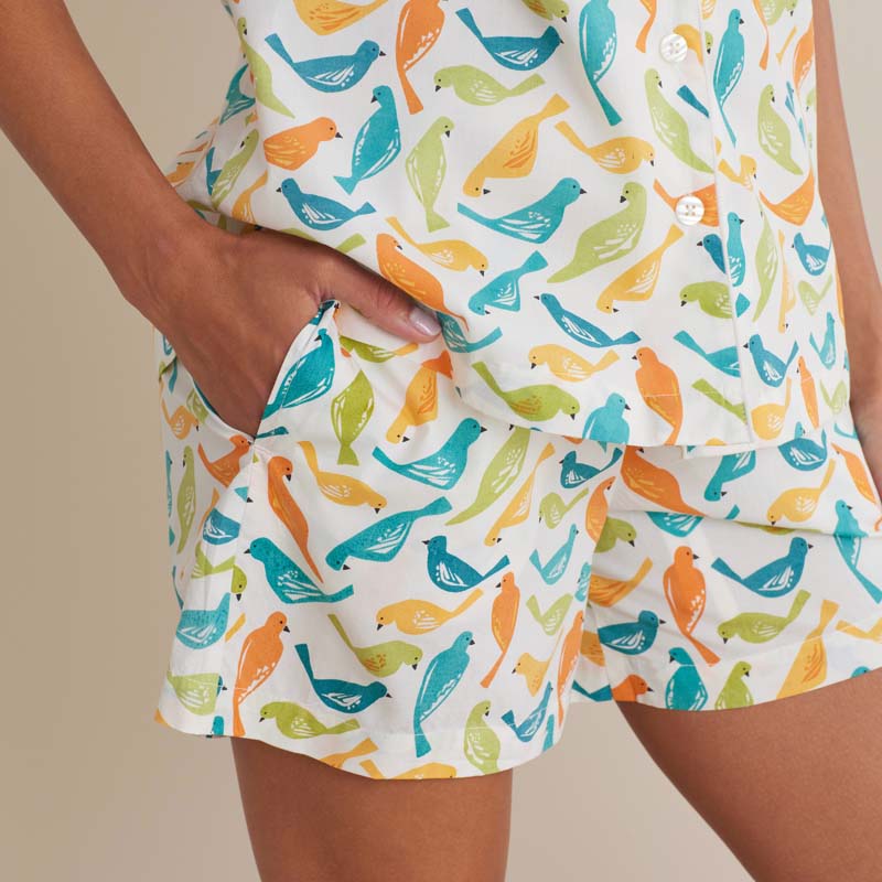 Printed Poplin Women's Shorts Set - Spring Birds, XXL