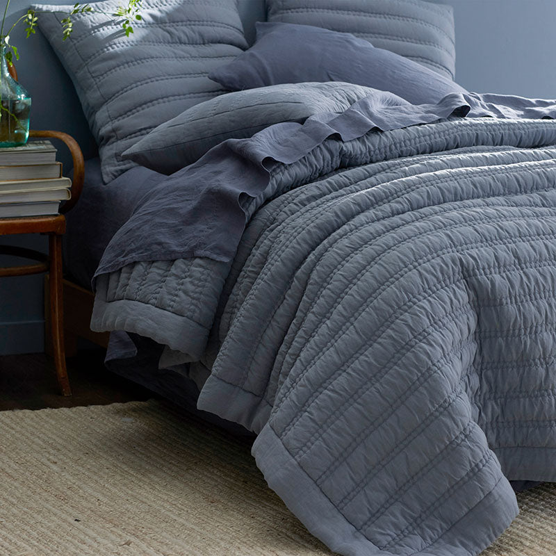 Premium Breathable Washed Linen Solid Quilted Sham - Blue Stone, King