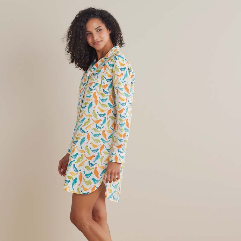 Printed Poplin Women's Nightshirt - Spring Birds, S