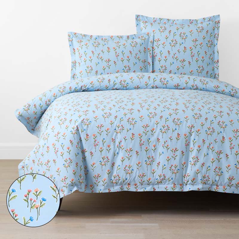 Blossoms and Stripes Classic Cool Cotton Percale Duvet Cover - Garden Poppies, Full/Queen