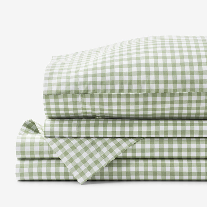 Gingham Classic Cool Organic Cotton Percale Bed Sheet Set - Moss, Queen