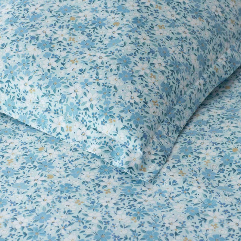Joyful Floral Classic Smooth Sateen Bed Sheet Set - Blue, Full