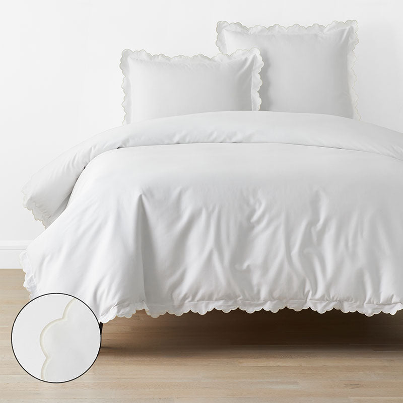 Embroidered Scallop Classic Smooth Sateen Solid Duvet Cover - Ivory, Full/Queen