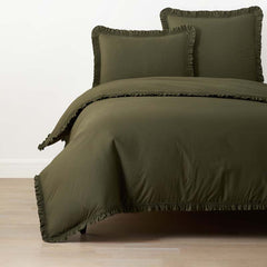 Solid Ruffle Garment Washed Cotton Percale Duvet Cover - Olive, Full/Queen