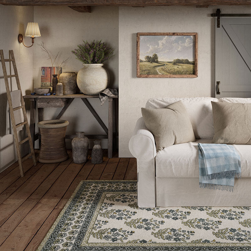 Floral Border Hand Tufted Wool Rug -  Green Multi, 8' x 10'