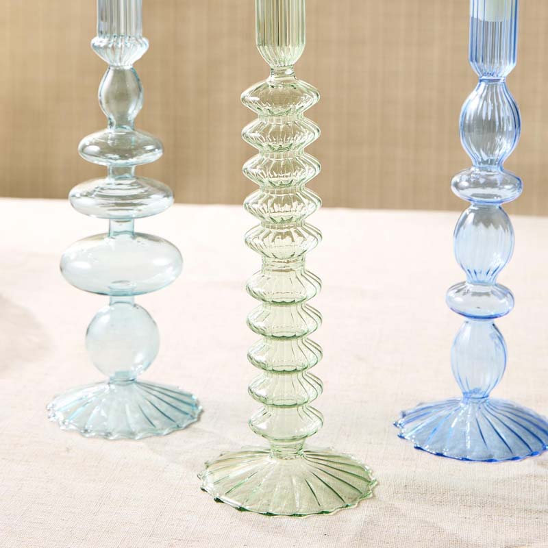 Hand-Blown Glass Taper Candlestick Candle Holders, Set of 5 - Blue