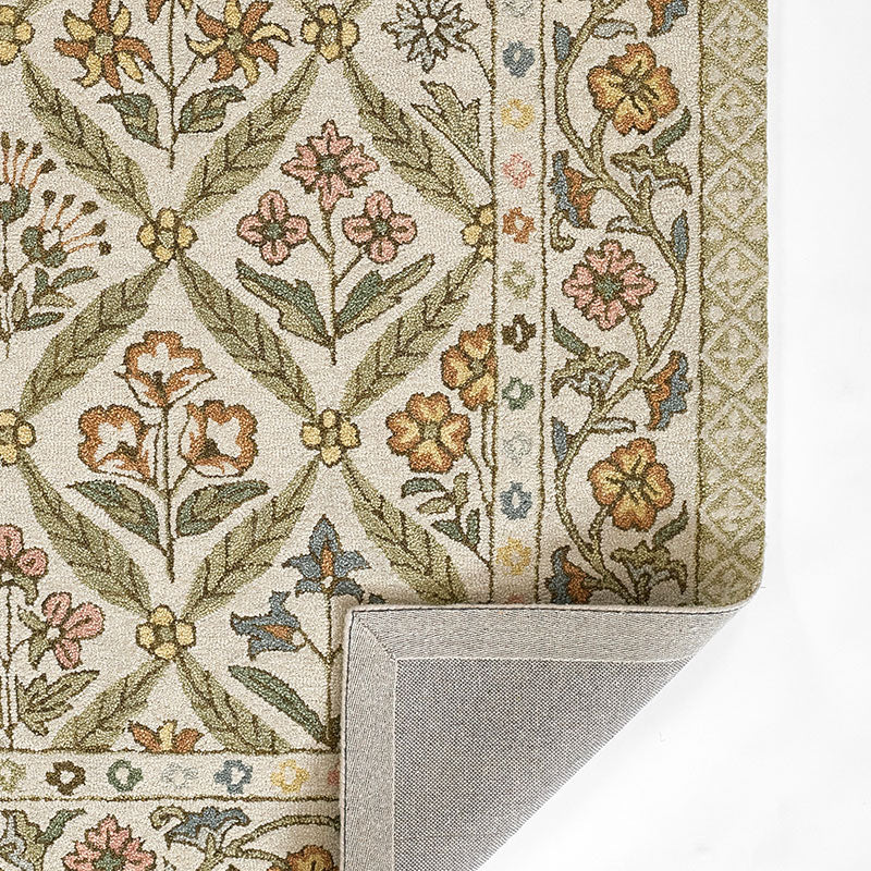 Floral Border Hand Tufted Wool Rug -  Green Multi, 8' x 10'