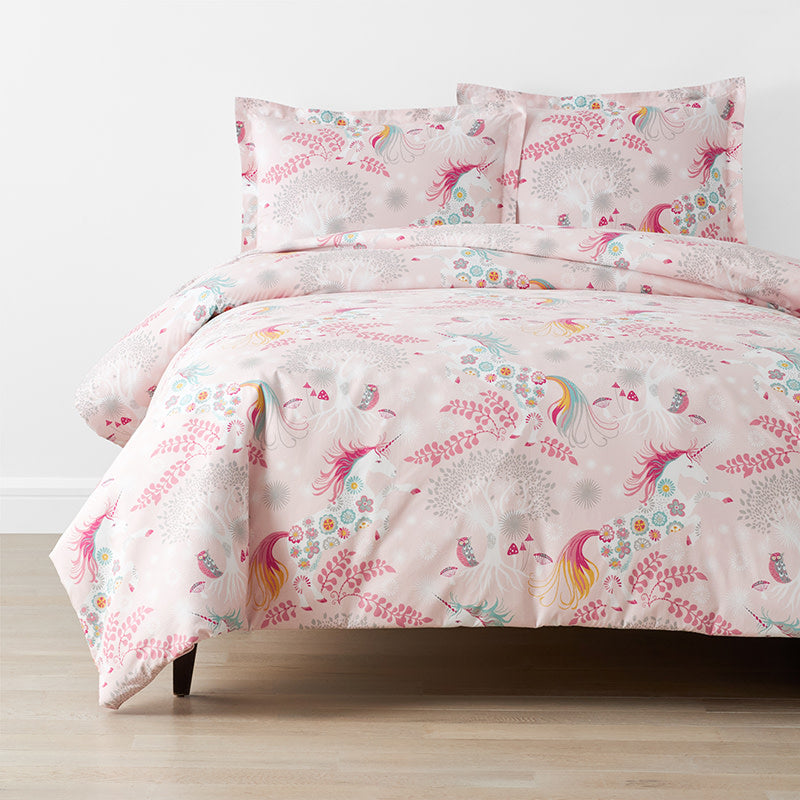Fancy Unicorns Classic Cool Organic Cotton Percale Duvet Cover Set - Pink Multi, Full/Queen
