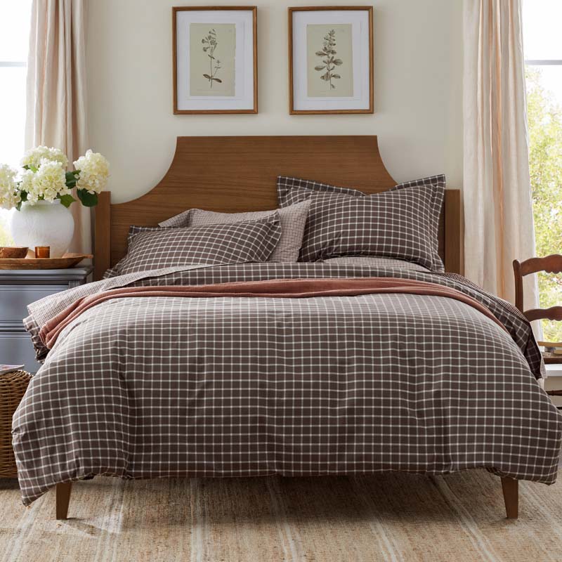 Classic Stripes and Plaids Cool Yarn-Dyed Cotton Percale Flat Bed Sheet - Windowpane Brown, Twin/Twin XL