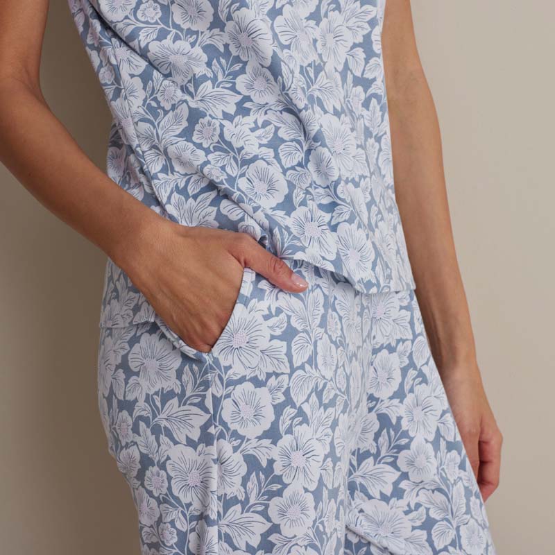 Printed Pima Cotton Women's Jogger Pants Pajama Set - Blue Garden, XXL