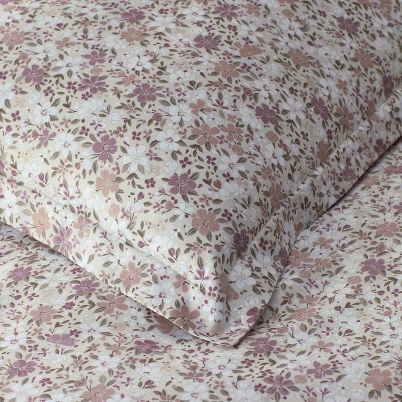 Joyful Floral Classic Smooth Sateen Bed Sheet Set - Beige, Full