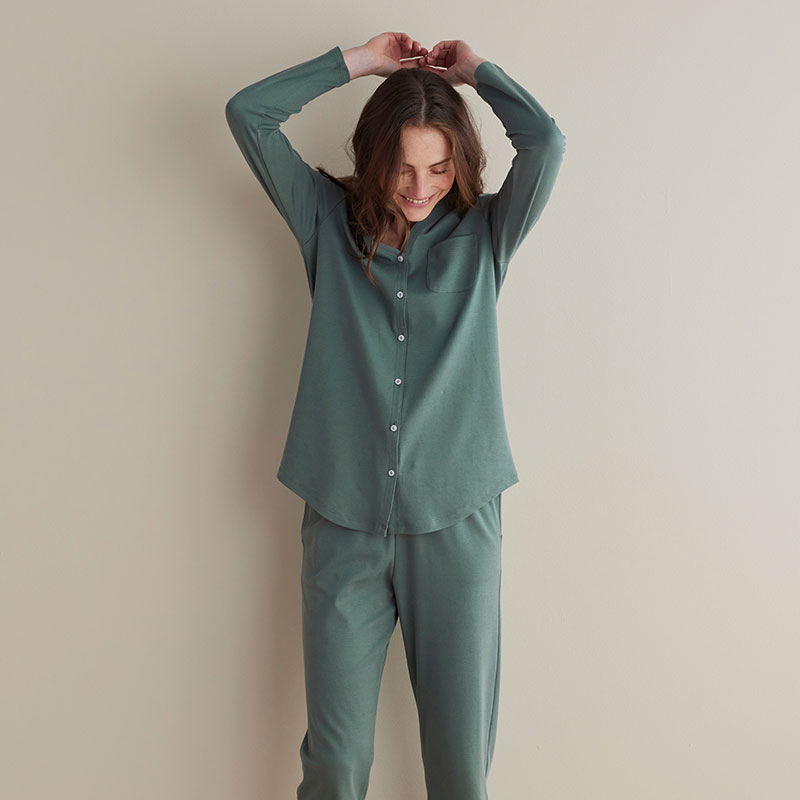 Pima Cotton Women's Button-Down Pajama Set - Green Mist, S