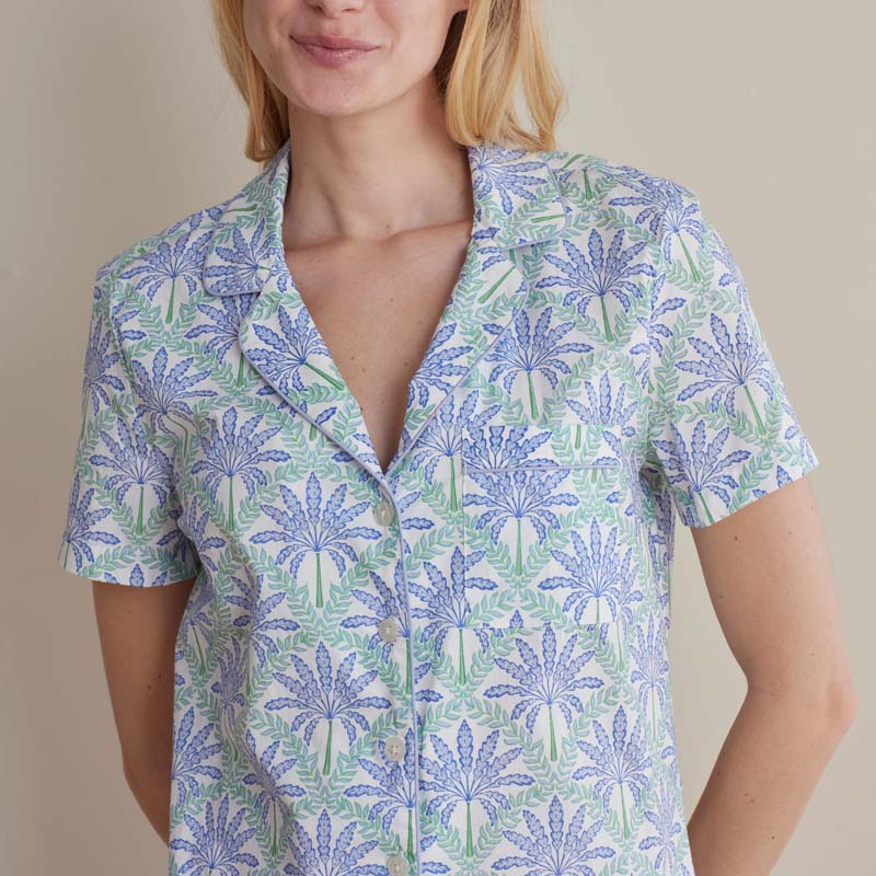 Printed Poplin Women's Shorts Set - Blue Palm, XS