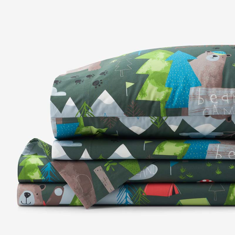 Bear Camp Classic Cool Organic Cotton Percale Bed Sheet Set - Green Multi, Twin