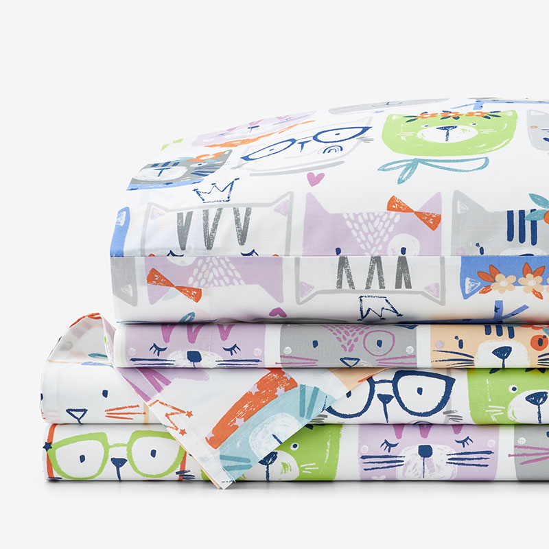 Stylish Cats Classic Cool Organic Cotton Percale Bed Sheet Set - White Multi, Queen