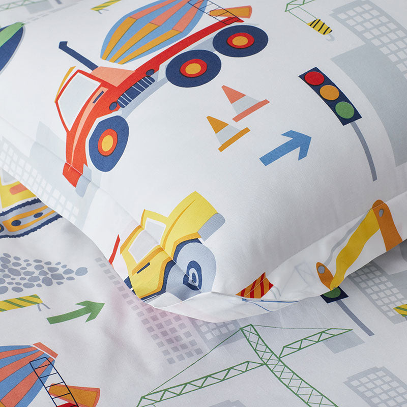 Construction Trucks Classic Cool Organic Cotton Percale Duvet Cover Set - White , Twin/Twin XL