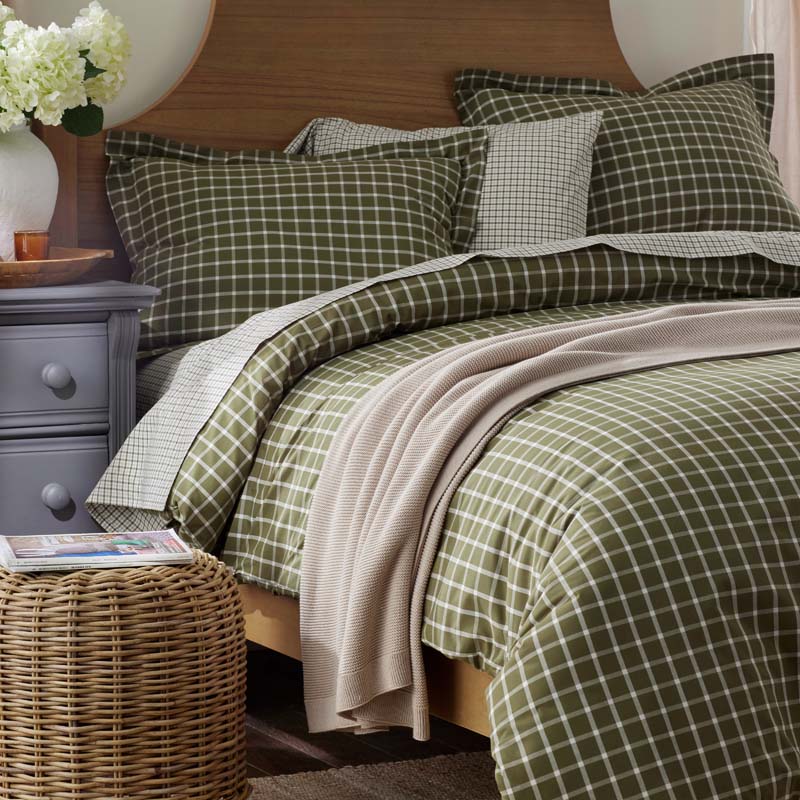 Classic Stripes and Plaids Cool Yarn-Dyed Cotton Percale Flat Bed Sheet - Windowpane Green, Full