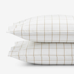 Tailored Stripes and Plaids Classic Cool Cotton Percale Pillowcase Set - Block Plaid Wheat, Standard