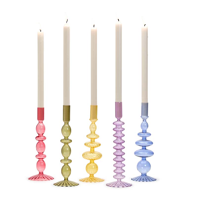 Hand-Blown Glass Taper Candlestick Candle Holders, Set of 5 - Multi