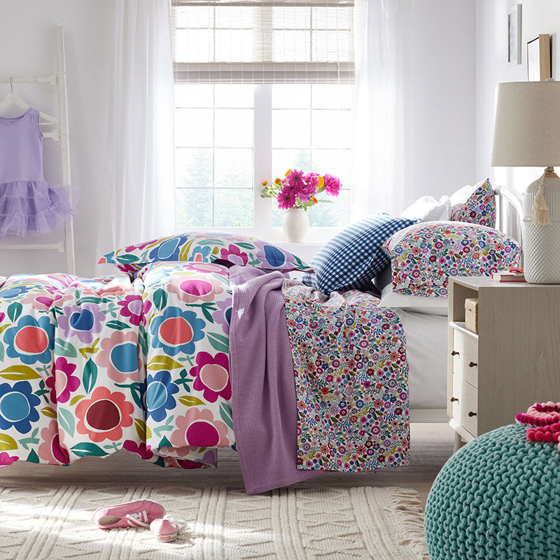 Joyful Mini Flower Classic Cool Organic Cotton Percale Bed Sheet Set - White Multi, Queen