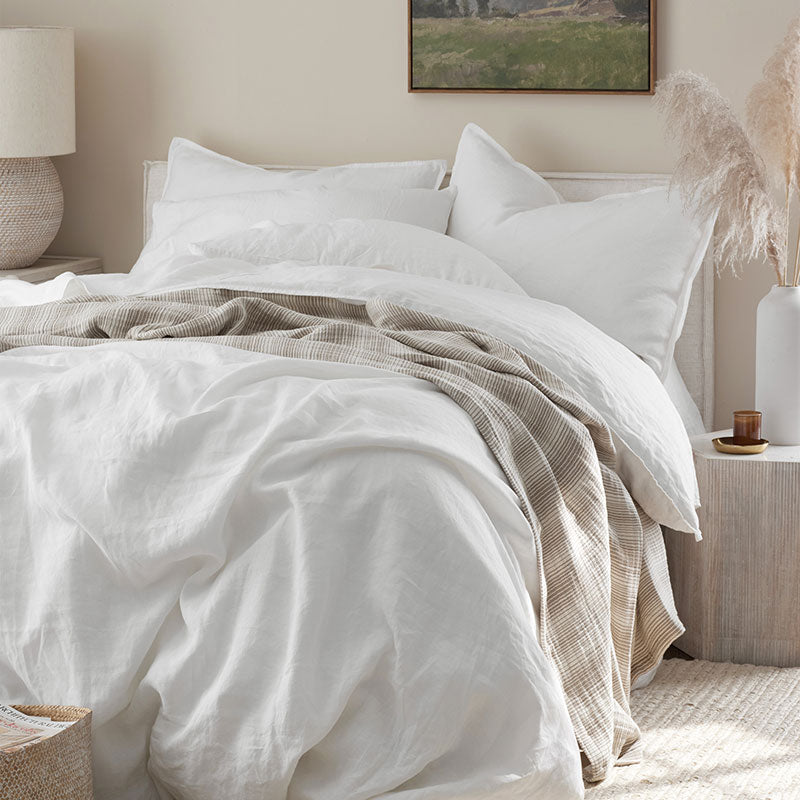 Premium Breathable Washed Linen Solid Bed Sheet Set - White, Queen