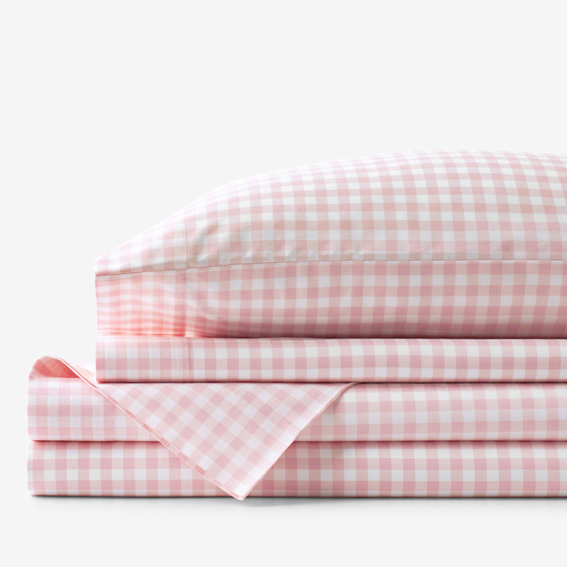 Gingham Classic Cool Organic Cotton Percale Bed Sheet Set - Petal Pink, Queen