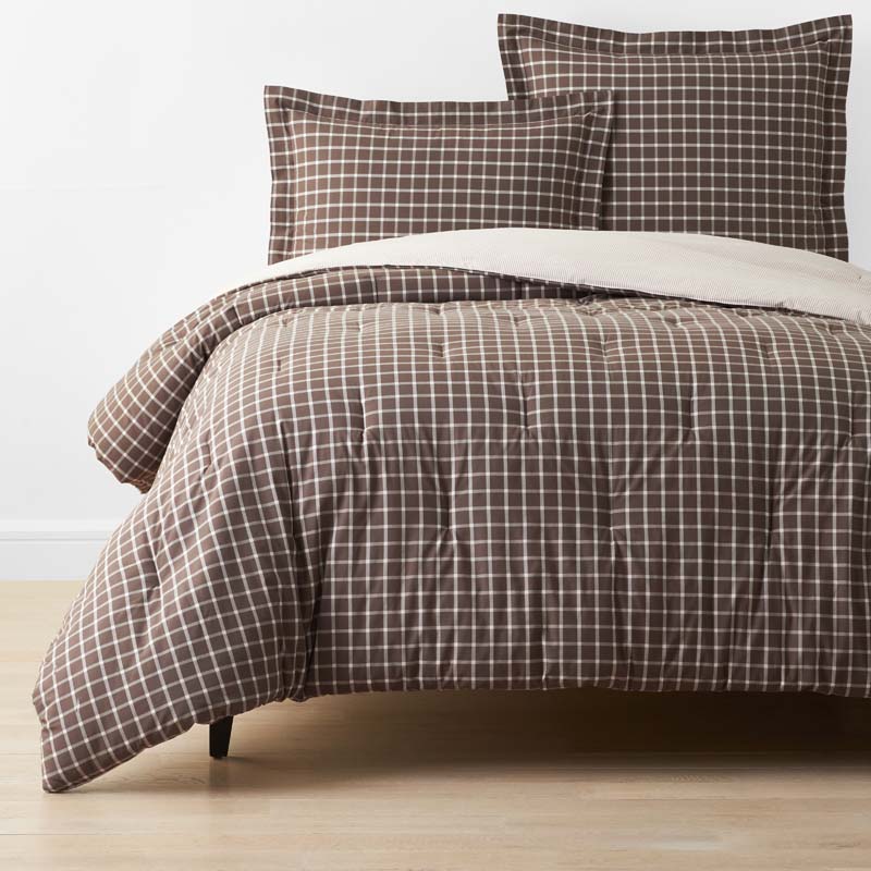 Classic Stripes and Plaids Cool Yarn-Dyed Cotton Percale Reversible Comforter - Windowpane Brown, Twin/Twin XL