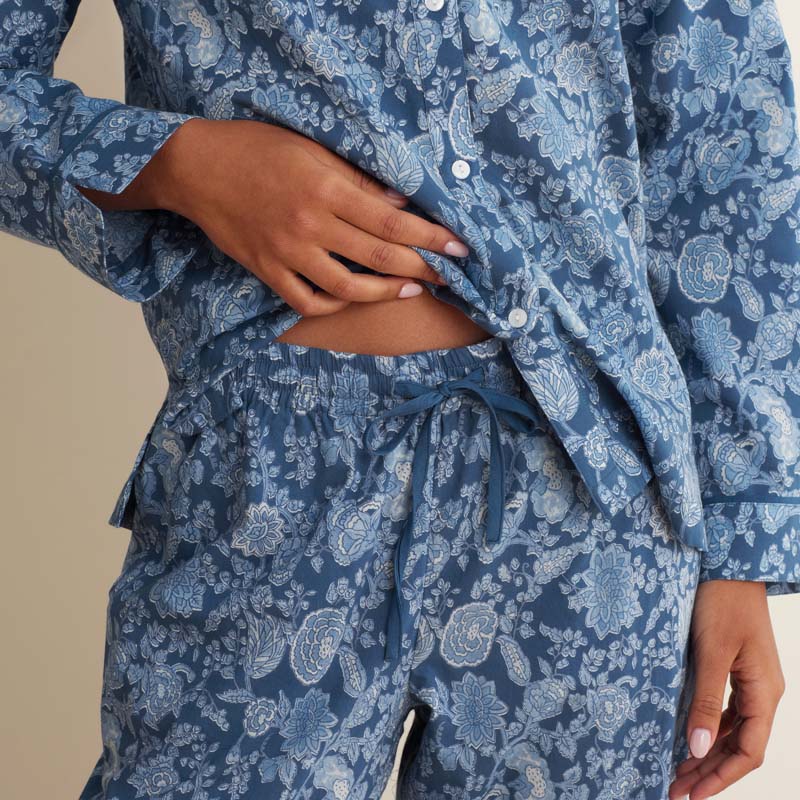 Printed Voile Women's Cropped Pajama Set - Indigo Floral, XXL