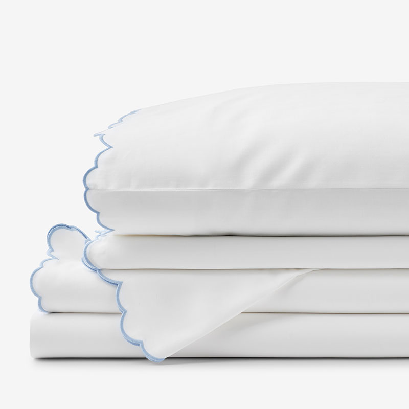Embroidered Scallop Classic Smooth Sateen Solid Bed Sheet Set - Light Blue, Queen