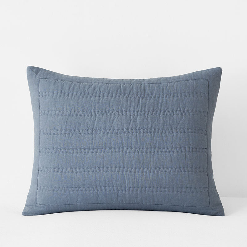Premium Breathable Washed Linen Solid Quilted Sham - Blue Stone, King