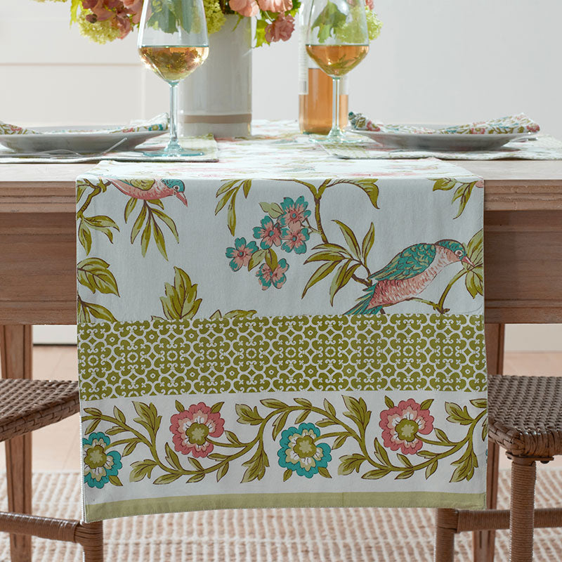 Garden Floral Cotton Table Runner - Spring Birds, 16 in. x 108 in.