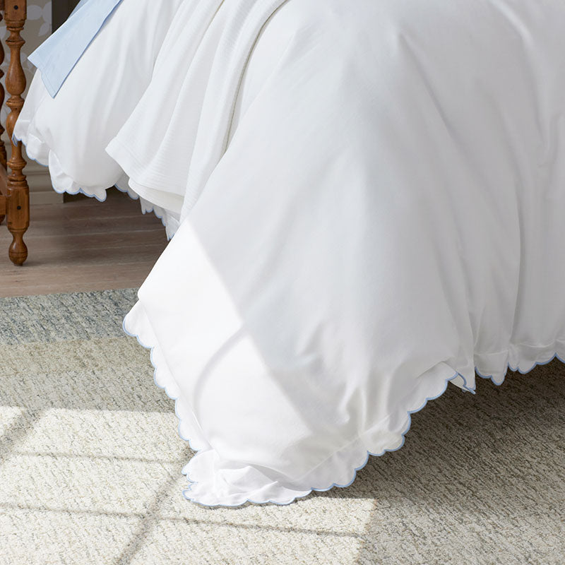 Embroidered Scallop Classic Smooth Sateen Solid Duvet Cover - Light Blue, Full/Queen