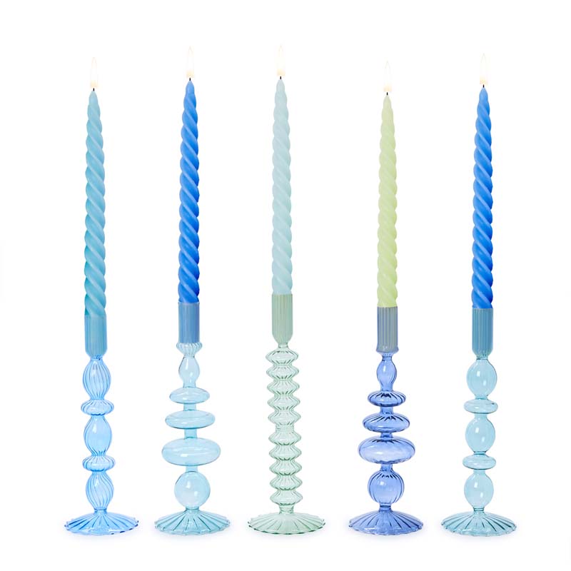 Hand-Blown Glass Taper Candlestick Candle Holders, Set of 5 - Blue