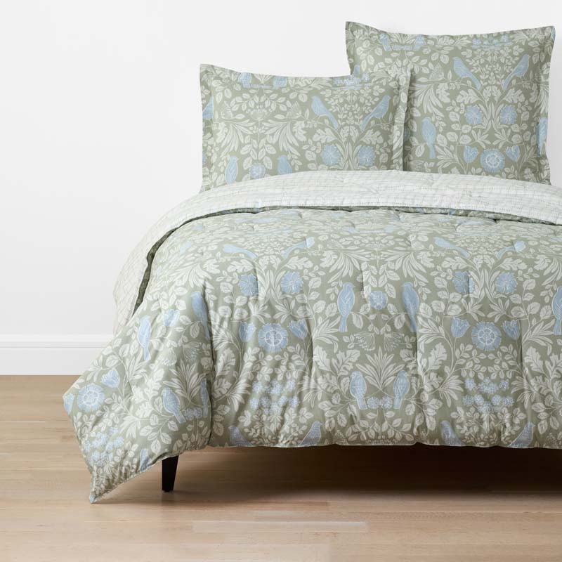 Tira Floral Classic Cool Cotton Percale Reversible Comforter - Bird Green, Full/Queen