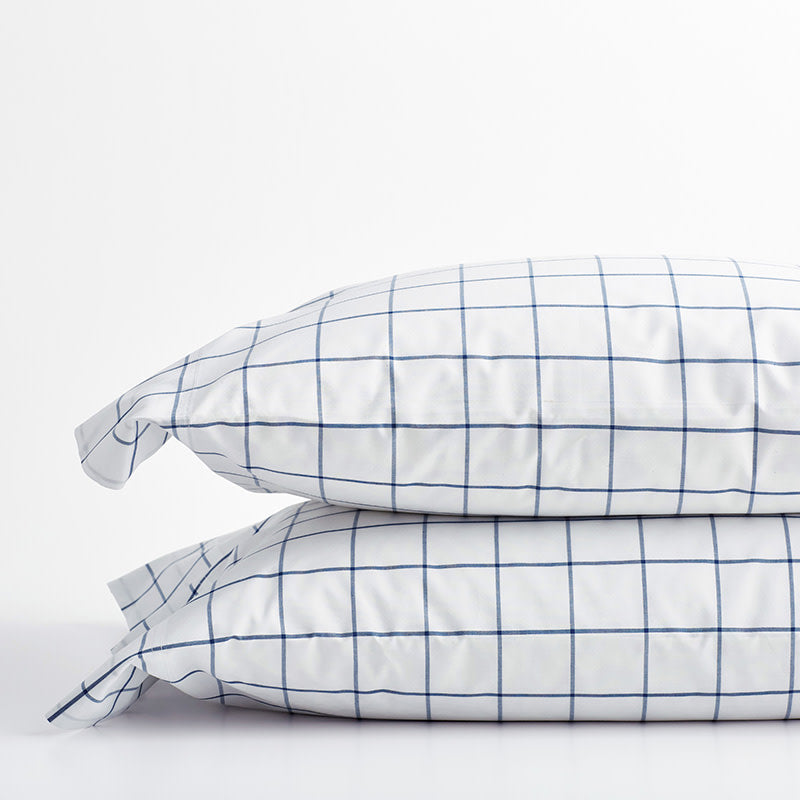 Tailored Stripes and Plaids Classic Cool Cotton Percale Pillowcase Set - Block Plaid Navy, Standard