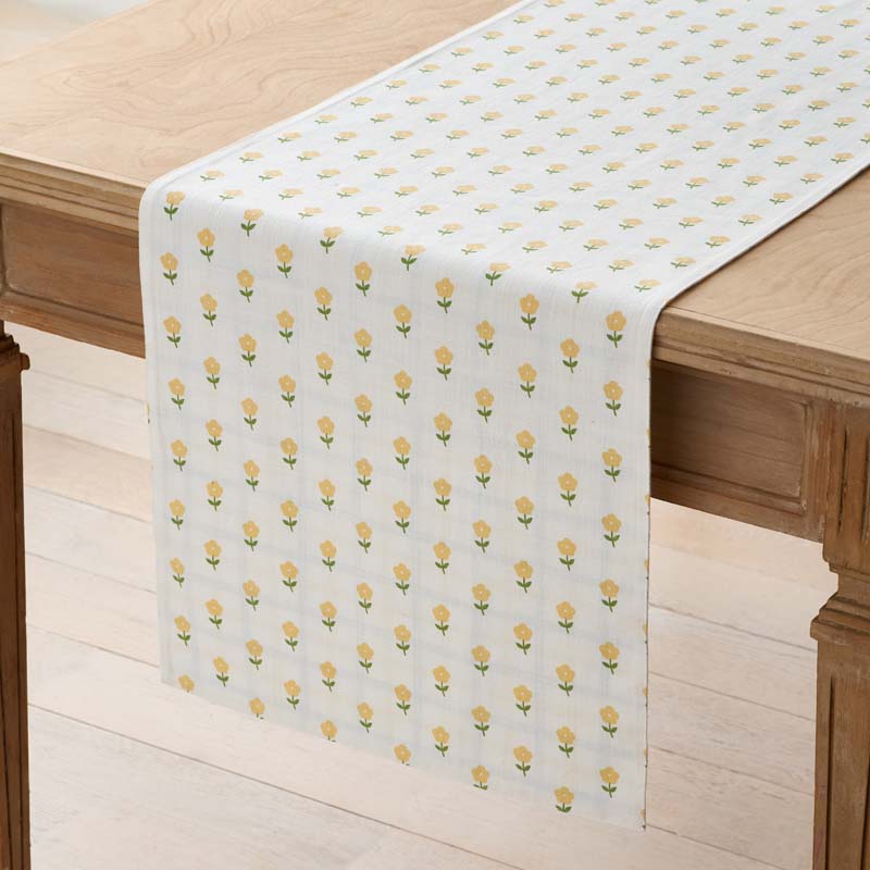 Flowers & Plaid Yarn-Dyed Reversible Table Runner - Graph Plaid Yellow, 16 in. x 108 in.