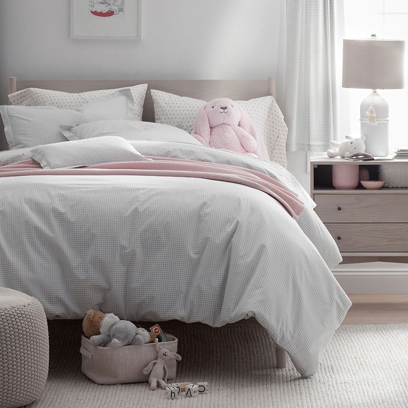 Ditsy Gingham Classic Cool Organic Cotton Percale Duvet Cover Set - Gray, Full