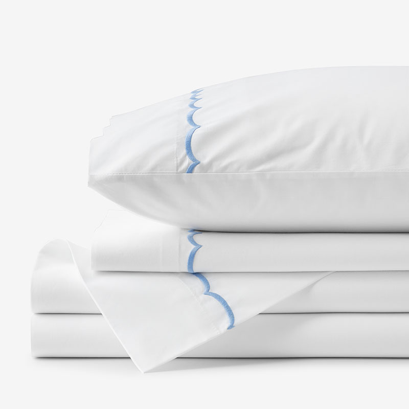 Embroidered Scallop Classic Cool Cotton Percale Bed Sheet Set - Blue, Queen