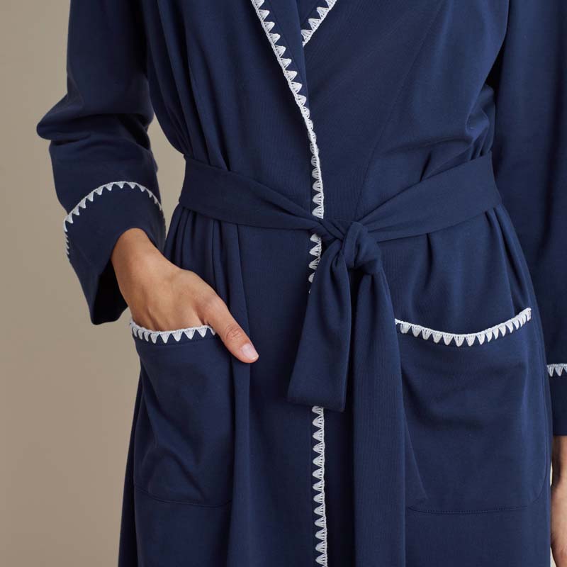 Peruvian Cotton Embroidered Women's Robe - Navy, XL