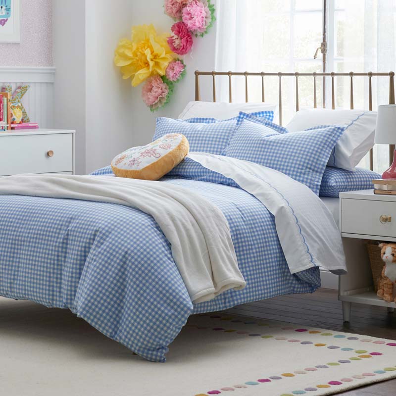 Gingham Classic Cool Organic Cotton Percale Duvet Cover Set - Light Blue, Full/Queen